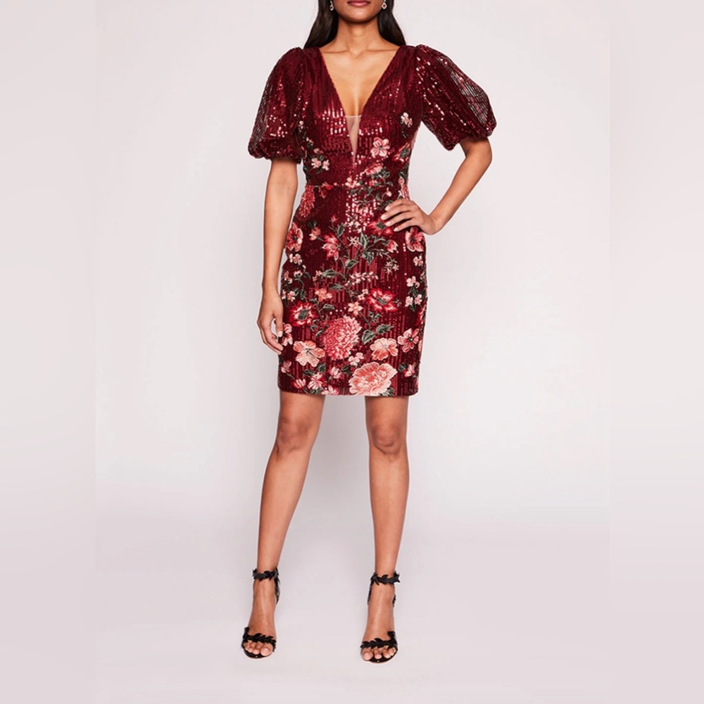 MARCHESA NOTTE FLORAL SEQUINS BURGUNDY SHIMMER MINI DRESS V NECK PUFF SLEEVES